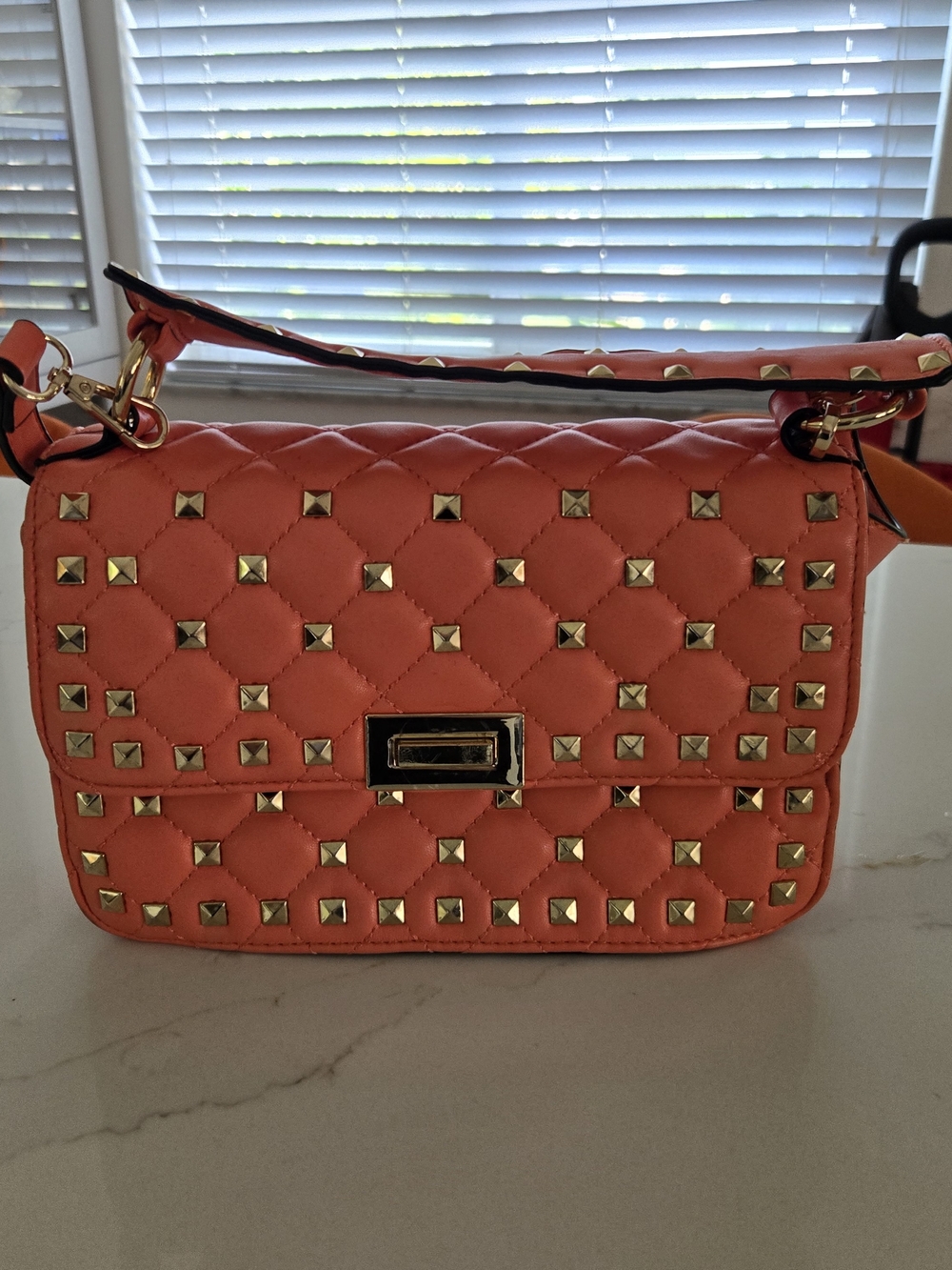 Quilted Coral Studded Crossbody Shoulder Bag